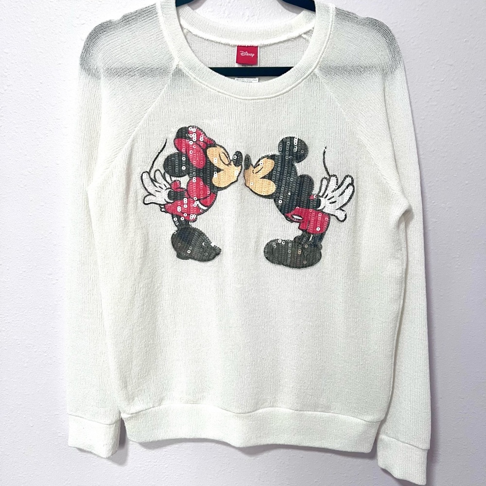 Disney White Crew Neck Sweater with Cartoon‎ Characters LARGE